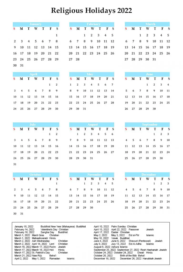 USA Religious Holidays 2022 with Yearly Printable Calendar