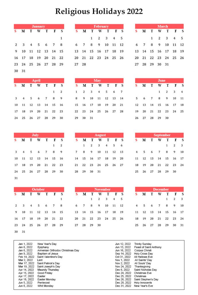 Calendar 2022 with Religious Holidays