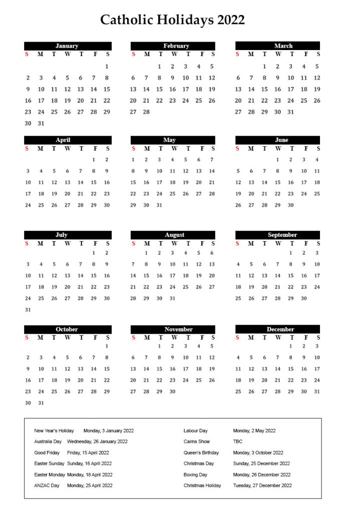Roman Catholic Calendar 2022 with Holidays