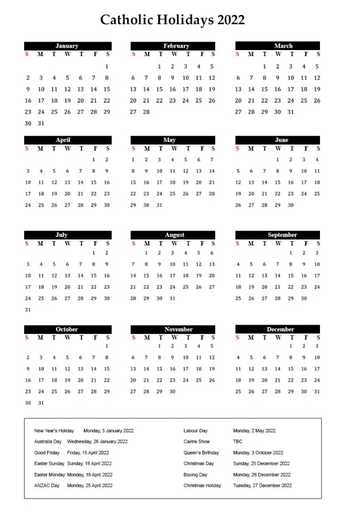 Roman Catholic Holidays 2022 with Catholic Calendar