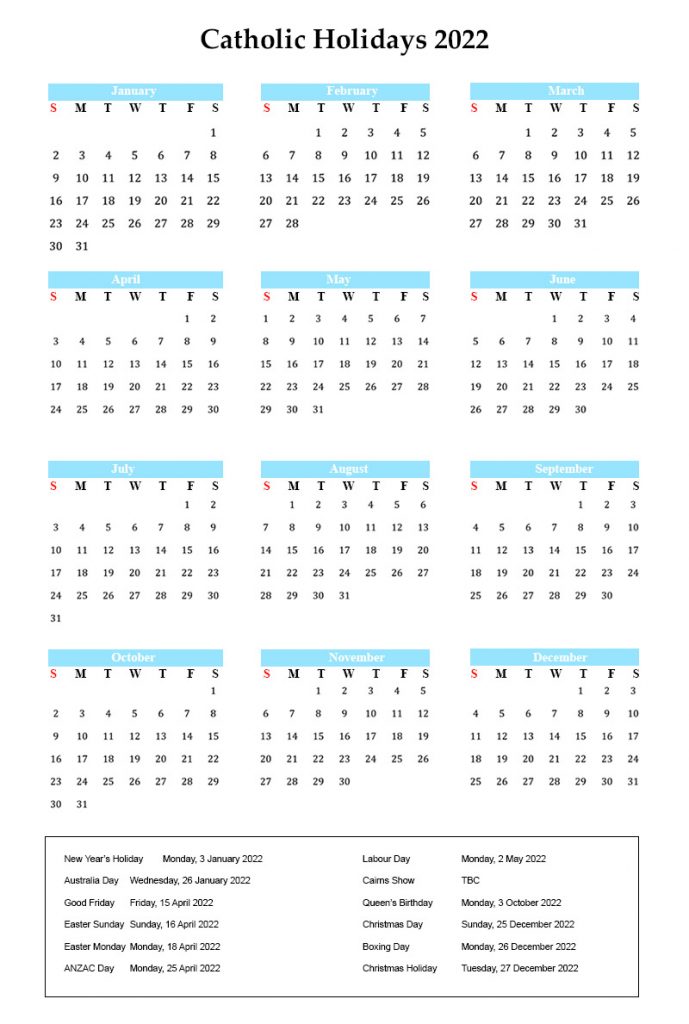 Printable Catholic Holiday 2022 Calendar