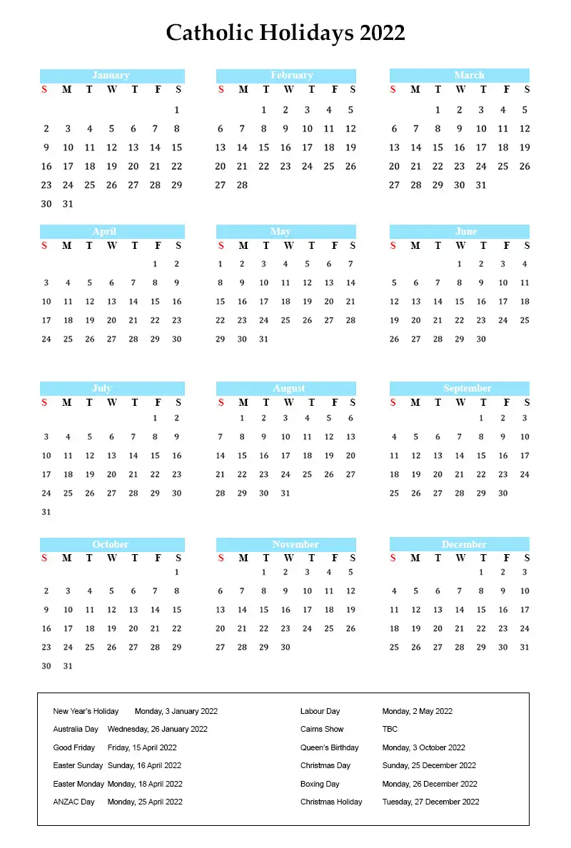 Roman Catholic Holidays 2022 with Catholic Calendar