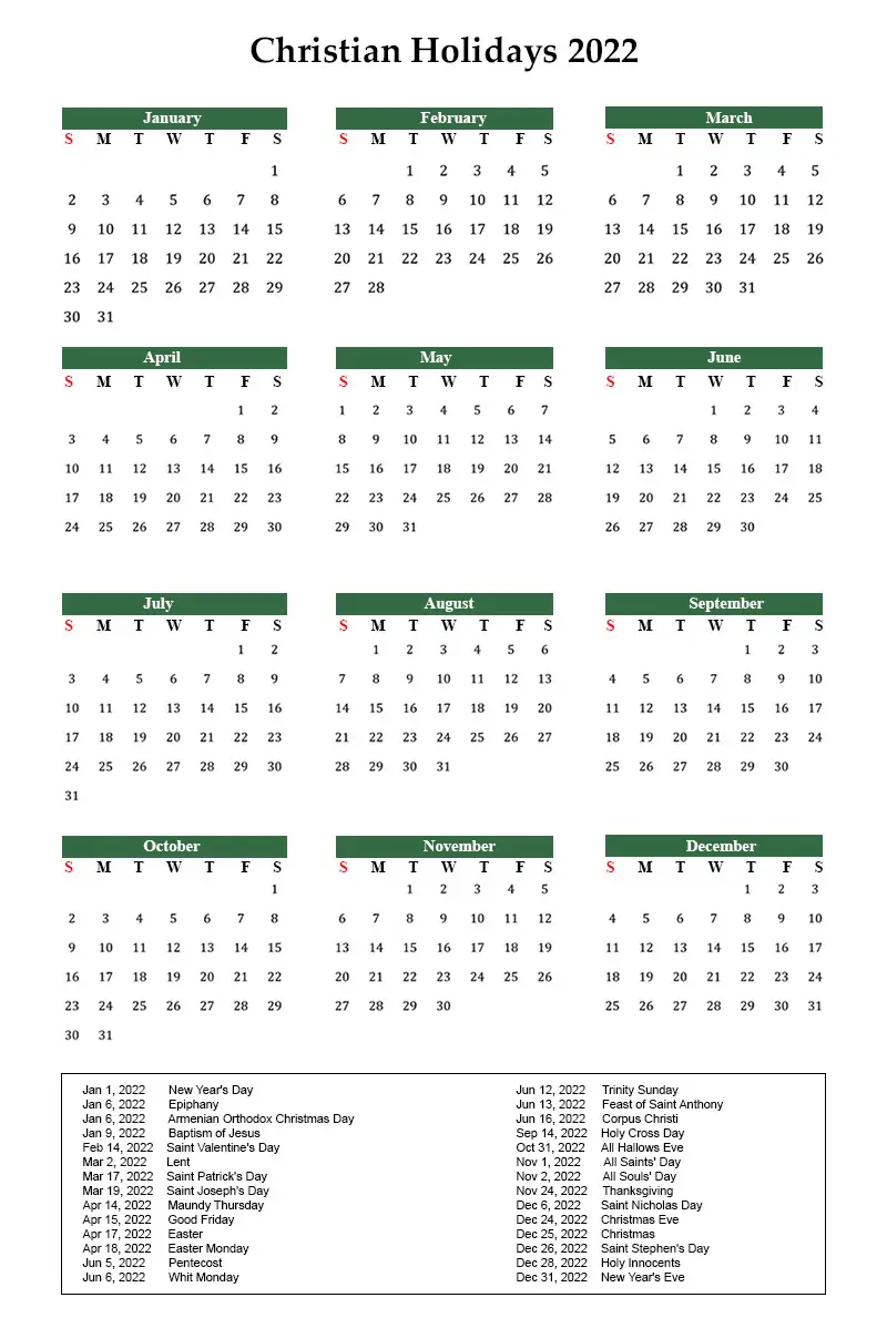 Christian Holidays 2022 With Printable Calendar In PDF