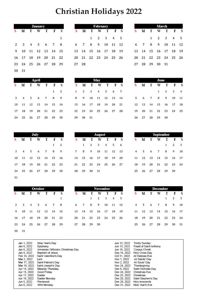 Christian Holidays 2022 Calendar