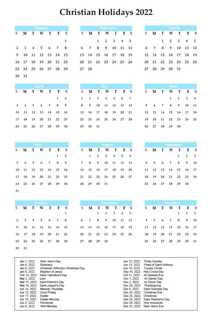 Calendar 2022 with Christian Holidays