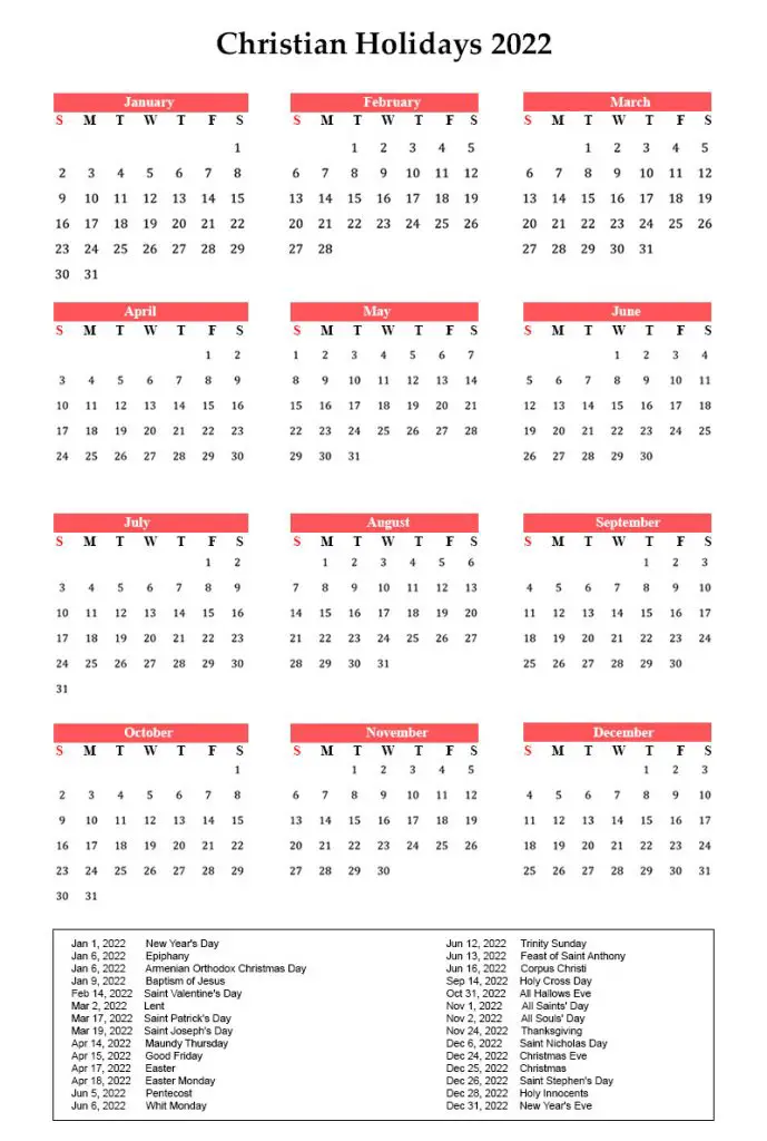 Calendar 2022 with Christian Holidays