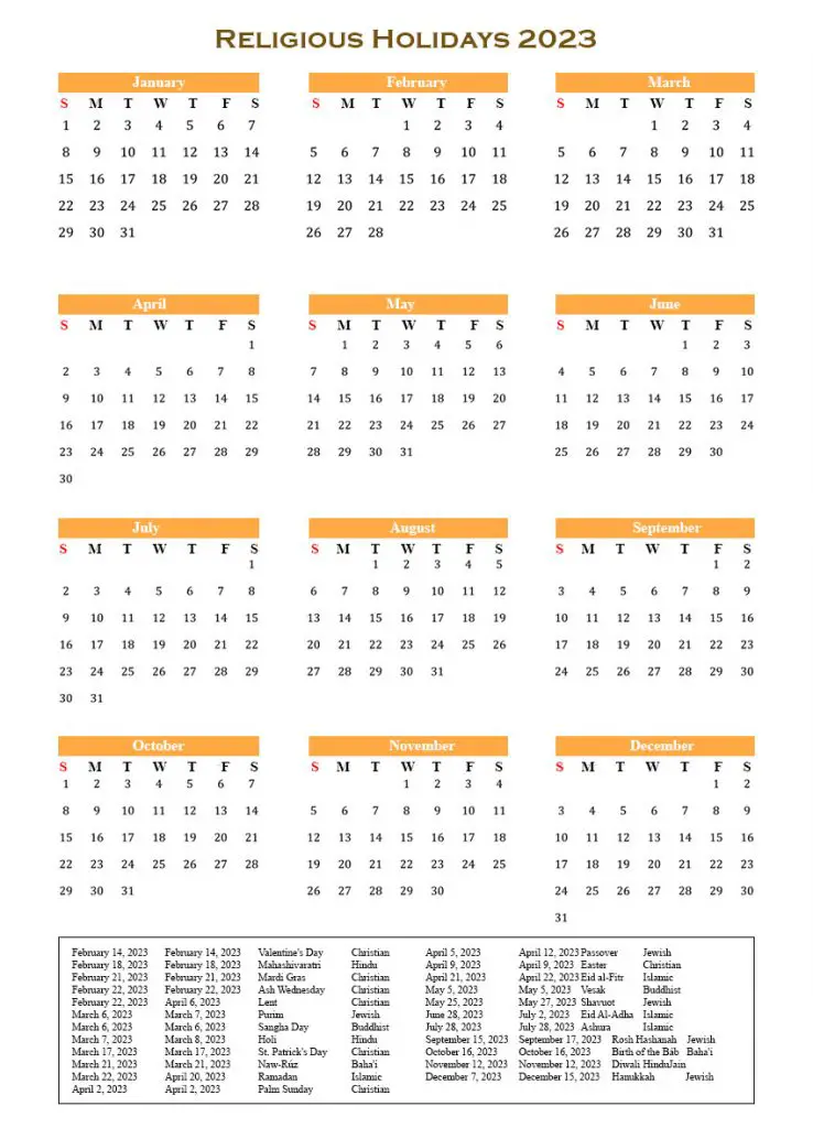 2023 Calendar With Religious Holidays Usa Religious Holidays 2023 With Yearly Printable Calendar