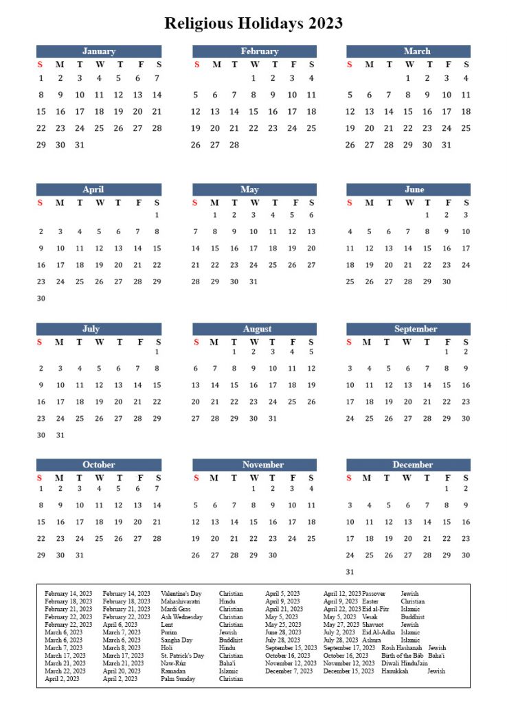 Calendar 2023 with Religious Holidays