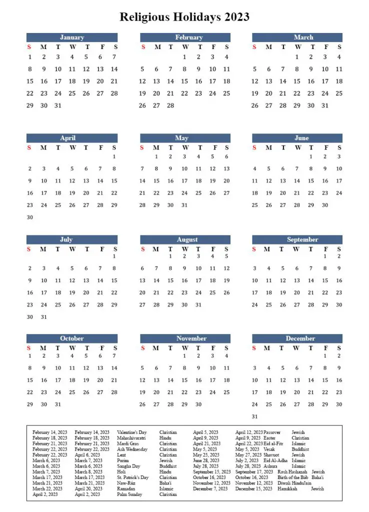 Calendar 2023 with Religious Holidays