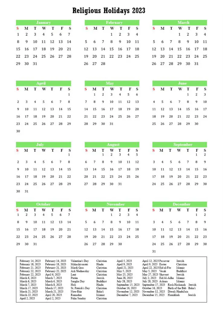 Calendar 2023 with Religious Holidays