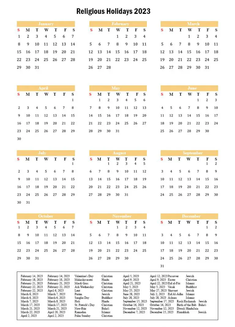 USA Religious Holidays 2023 with Yearly Printable Calendar