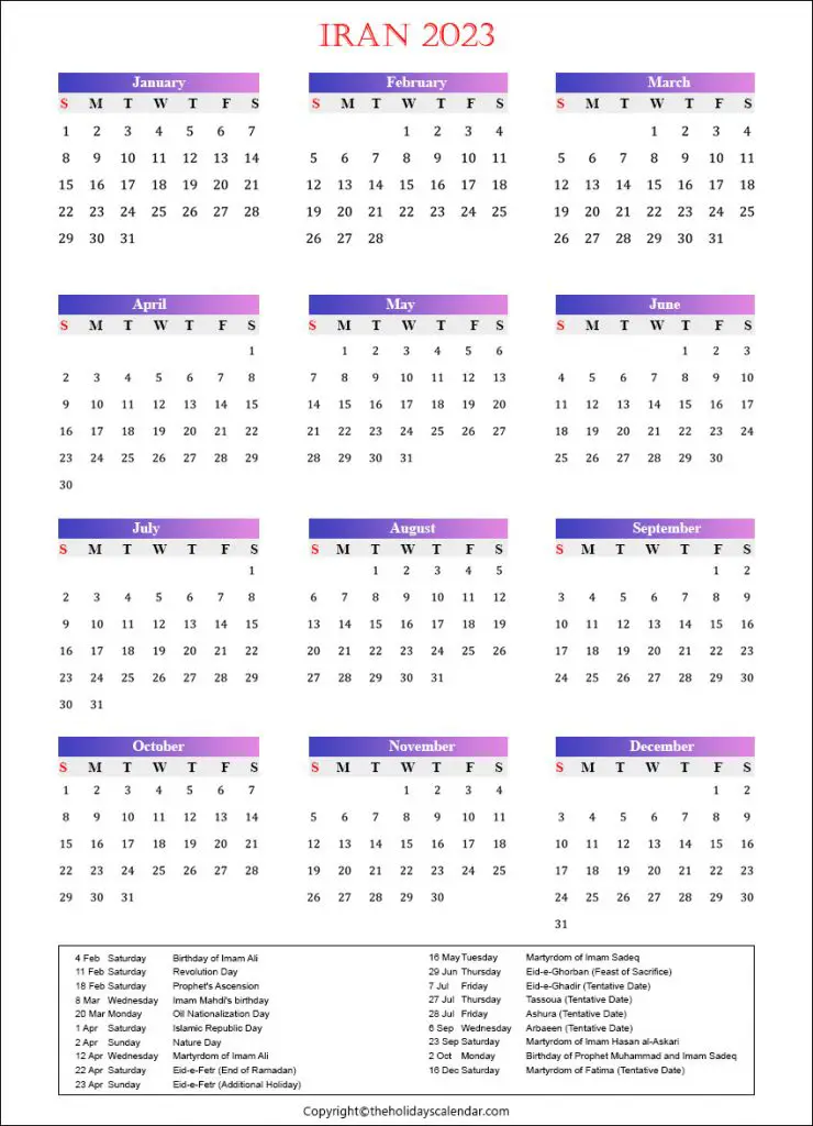Free Printable Iran Calendar 2023 with Holidays