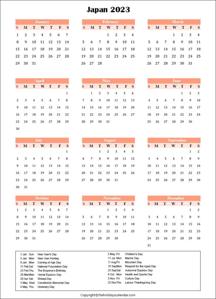 Japan Calendar 2023 with Holidays