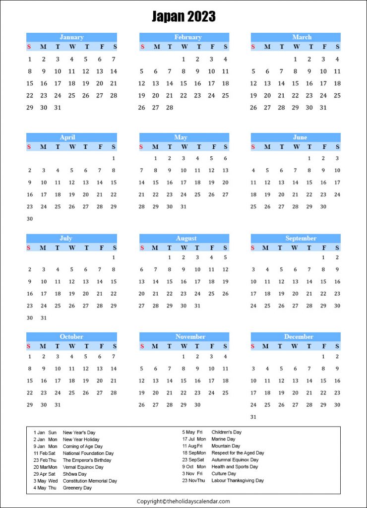 Japan Calendar 2023 with Holidays