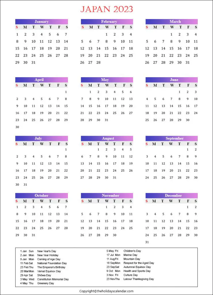 Japan Holiday Calendar 2023