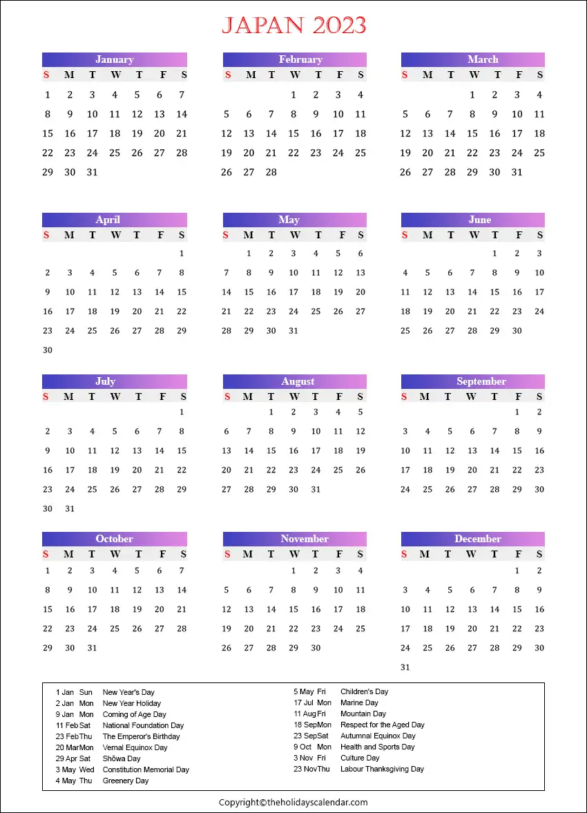 Japan Holidays 2023 Printable Japan Calendar 2023