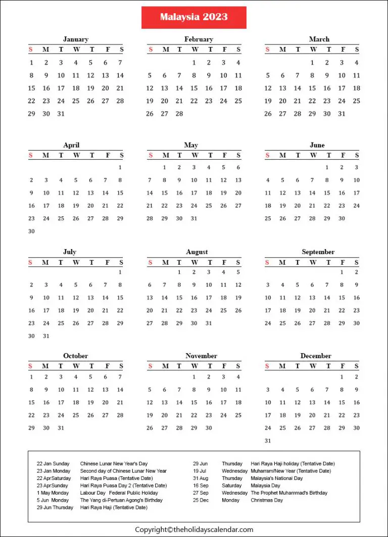 Malaysia Holidays 2023 | Malaysia Calendar 2023 Printable