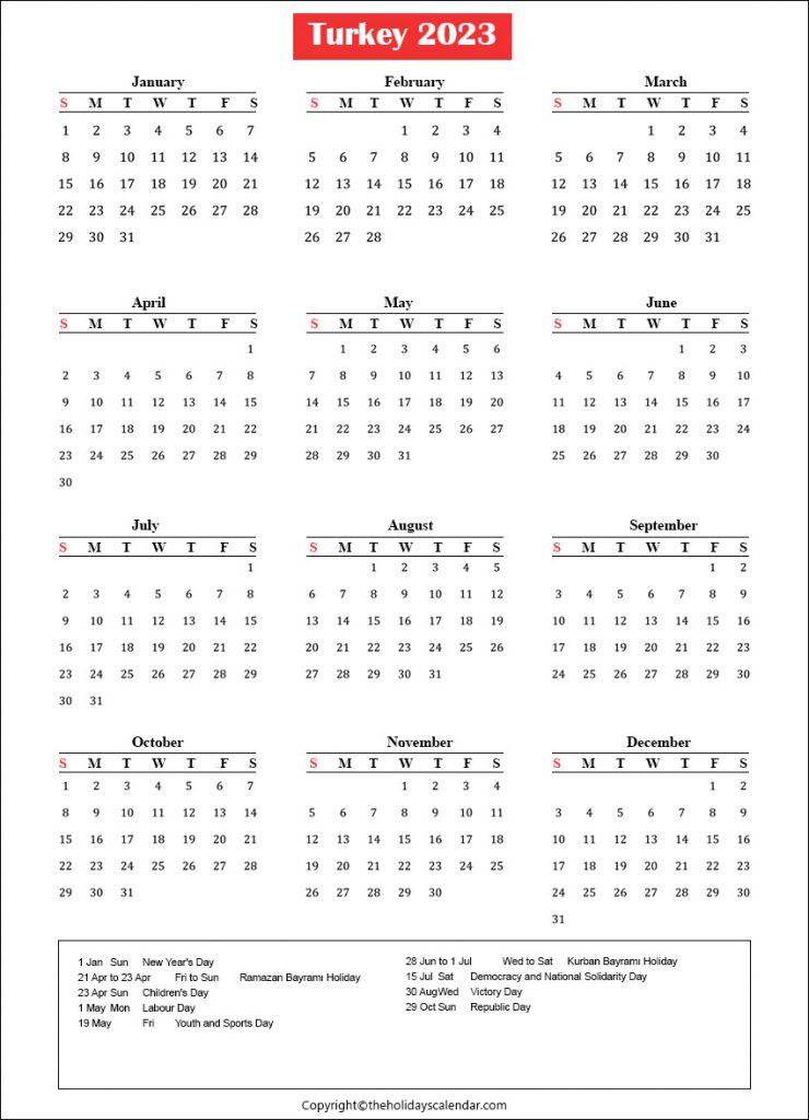 Turkey Calendar 2023 with Holidays