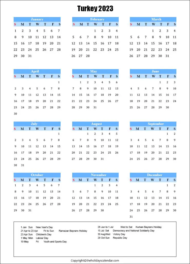 Turkey Holidays 2023 I Turkey Calendar 2023 Printable