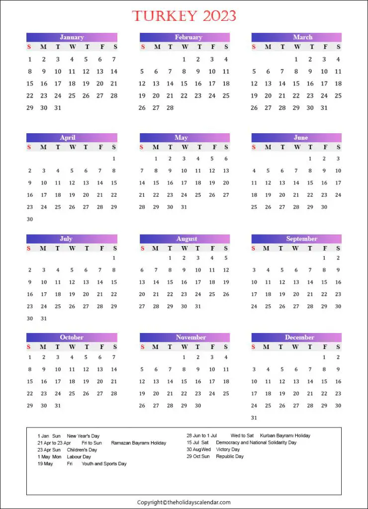 Turkey Calendar 2023 Archives - The Holidays Calendar