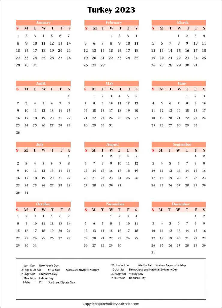 Turkey Calendar 2023 with Holidays