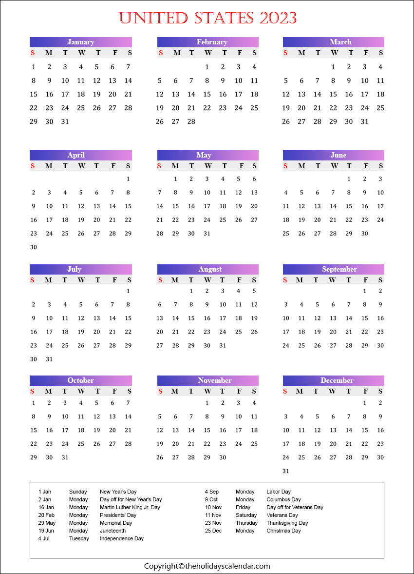 US Public Holidays 2023 with Yearly Printable Calendar