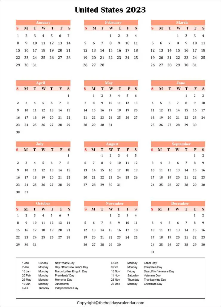 US Public Holidays 2023 Calendar