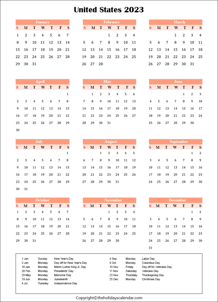 US Public Holidays 2023 with Yearly Printable Calendar