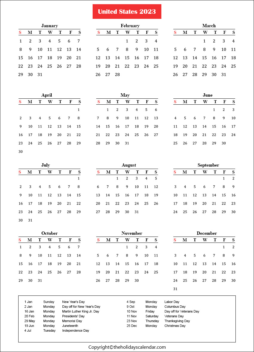 US Public Holidays 2023 with Yearly Printable Calendar