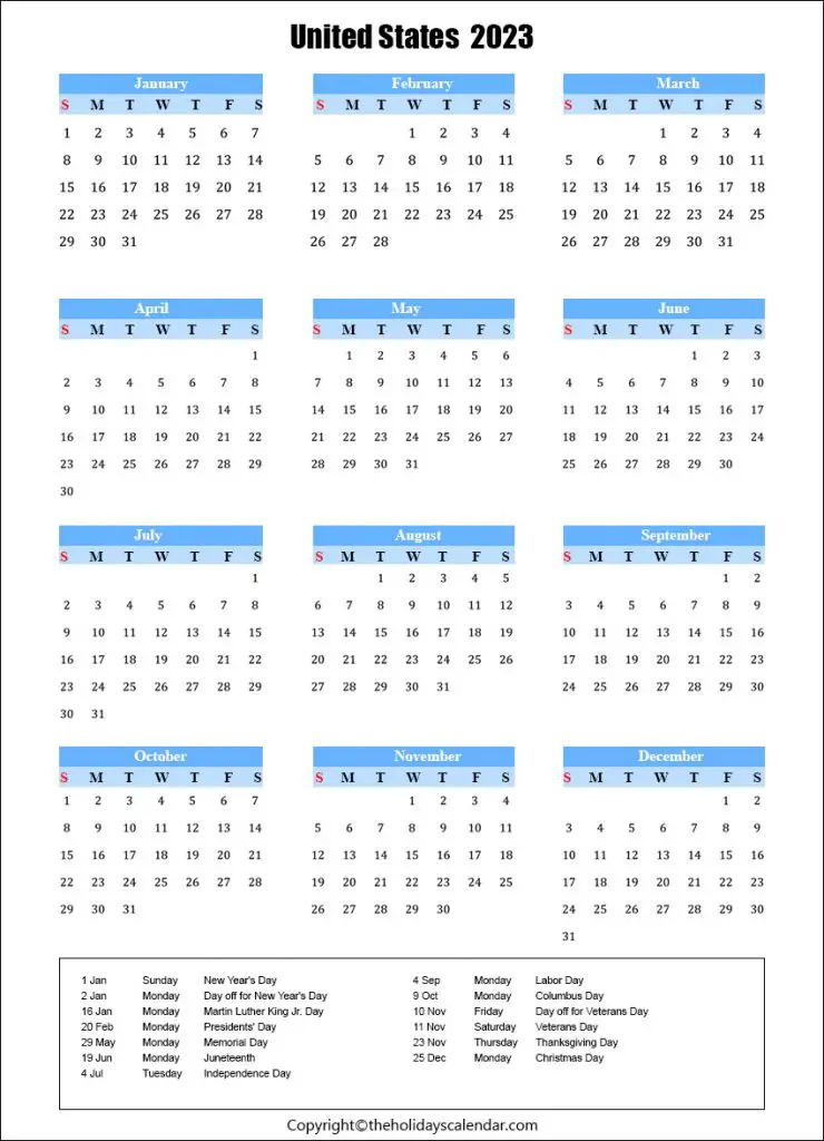  2023 Calendar With US Public Holidays