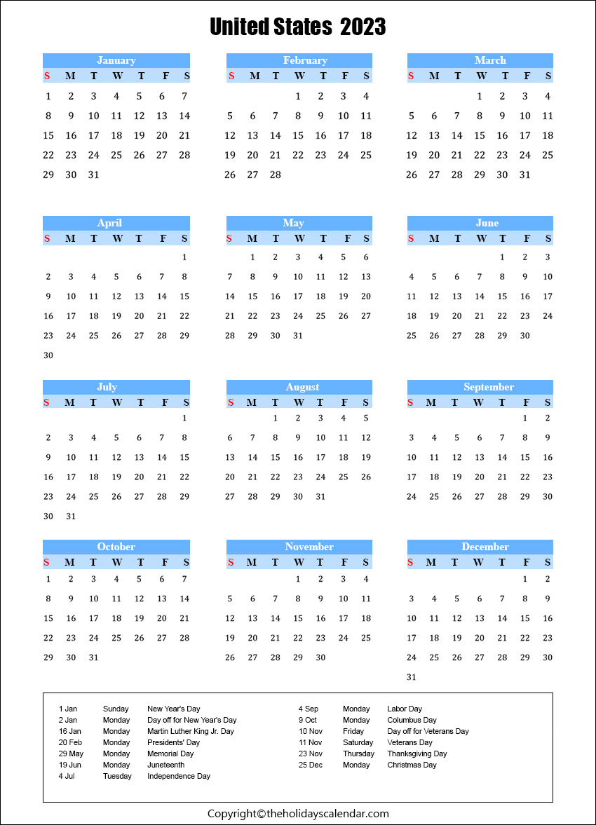 US Public Holidays 2023 with Yearly Printable Calendar
