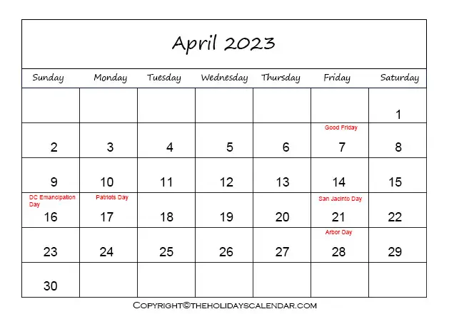 April Calendar with Holidays 2023