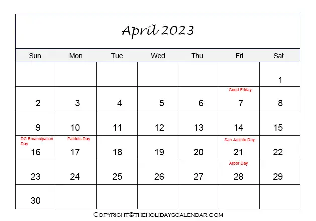 April Holiday Calendar 2023