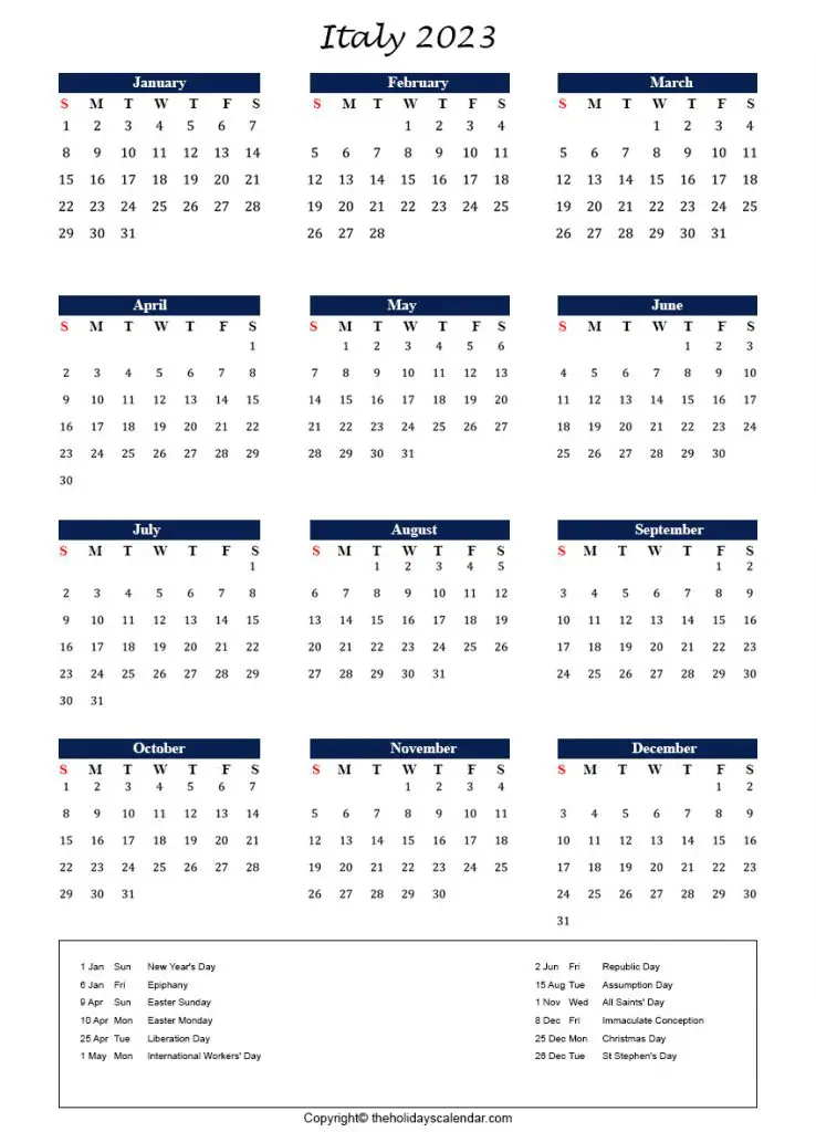 Italy Calendar 2023 With Holidays