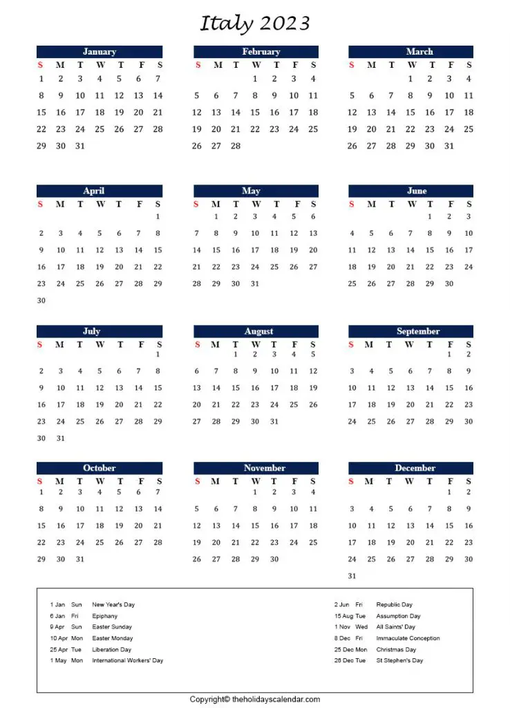 Italy holidays 2023 Italy Calendar 2023 Printable Template