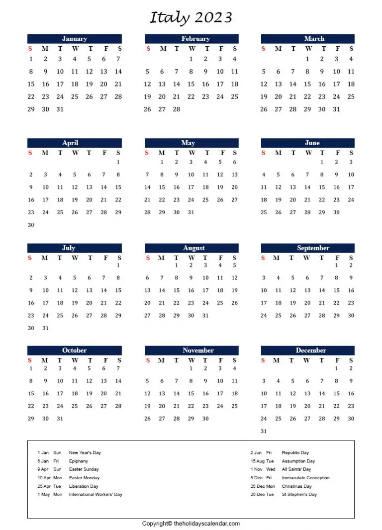 Italy holidays 2023 | Italy Calendar 2023 Printable Template