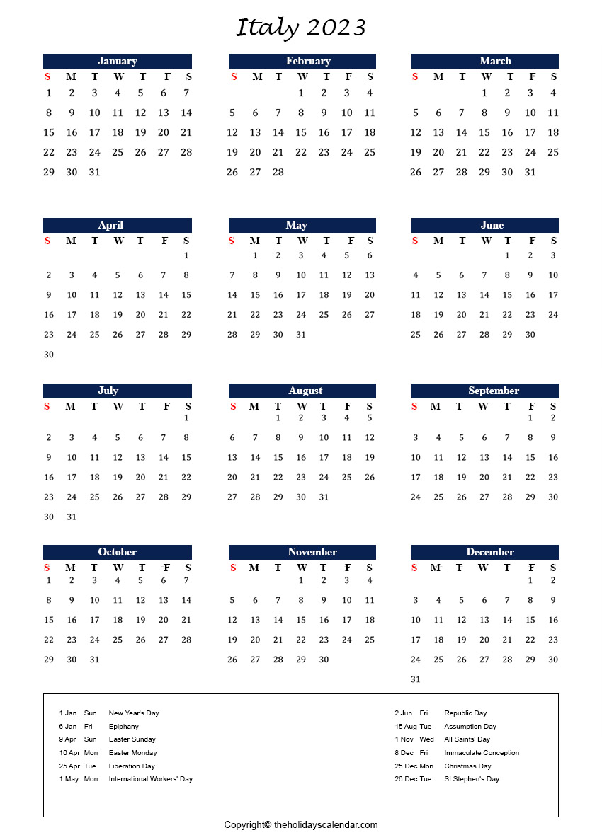 Italy holidays 2023 Italy Calendar 2023 Printable Template