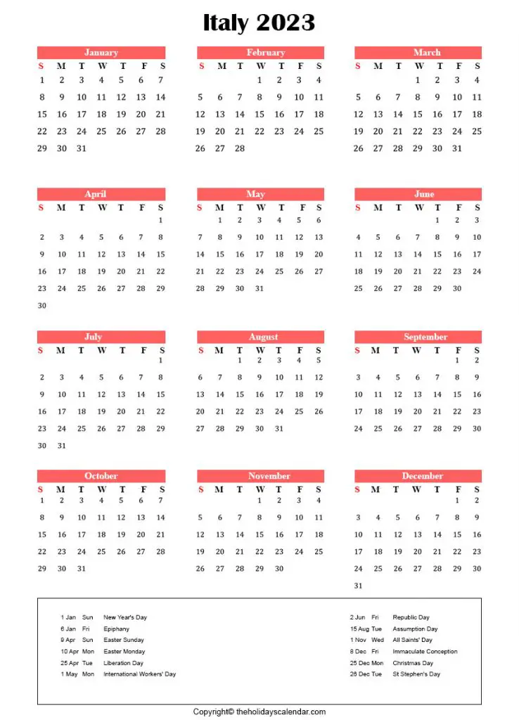 Italy Holiday Calendar 2023