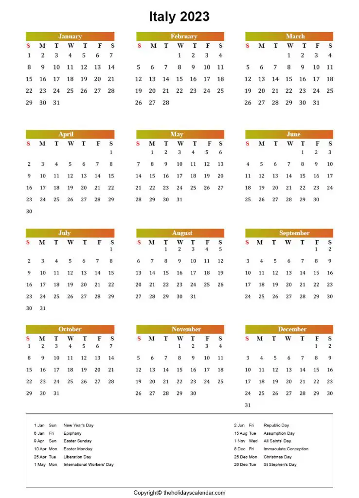 Italy Holiday Calendar 2023