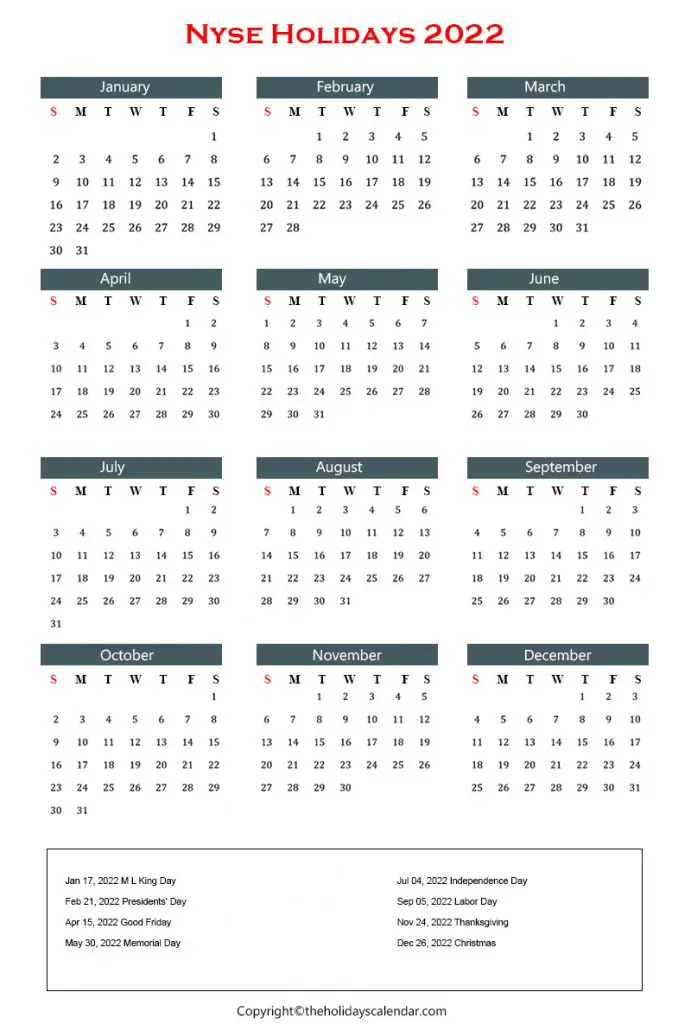 NYSE Holiday Calendar 2022