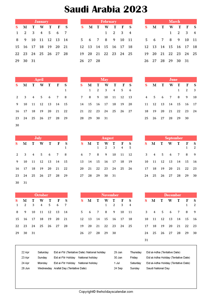 Saudi Arabia Calendar 2023 With Holidays