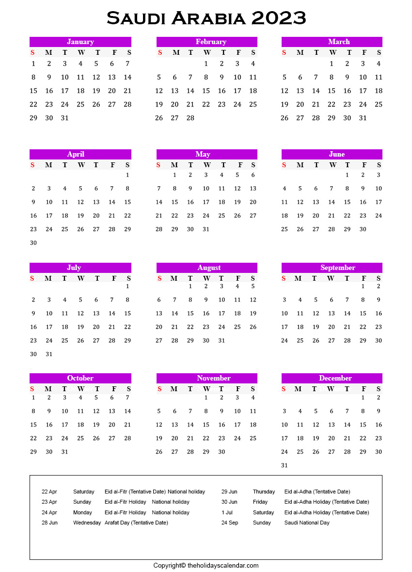 Saudi Arabia Holiday Calendar 2023