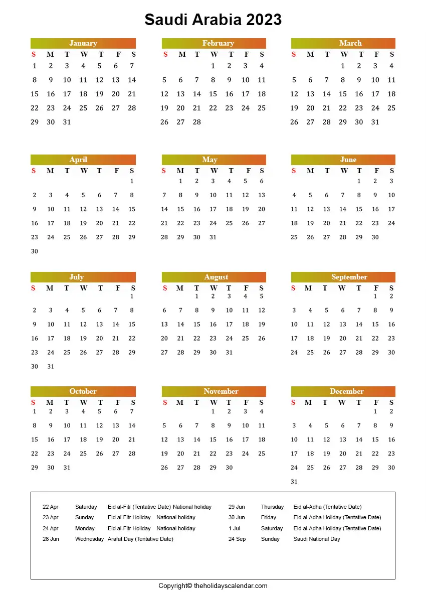 Saudi Arabia Holiday Calendar 2023
