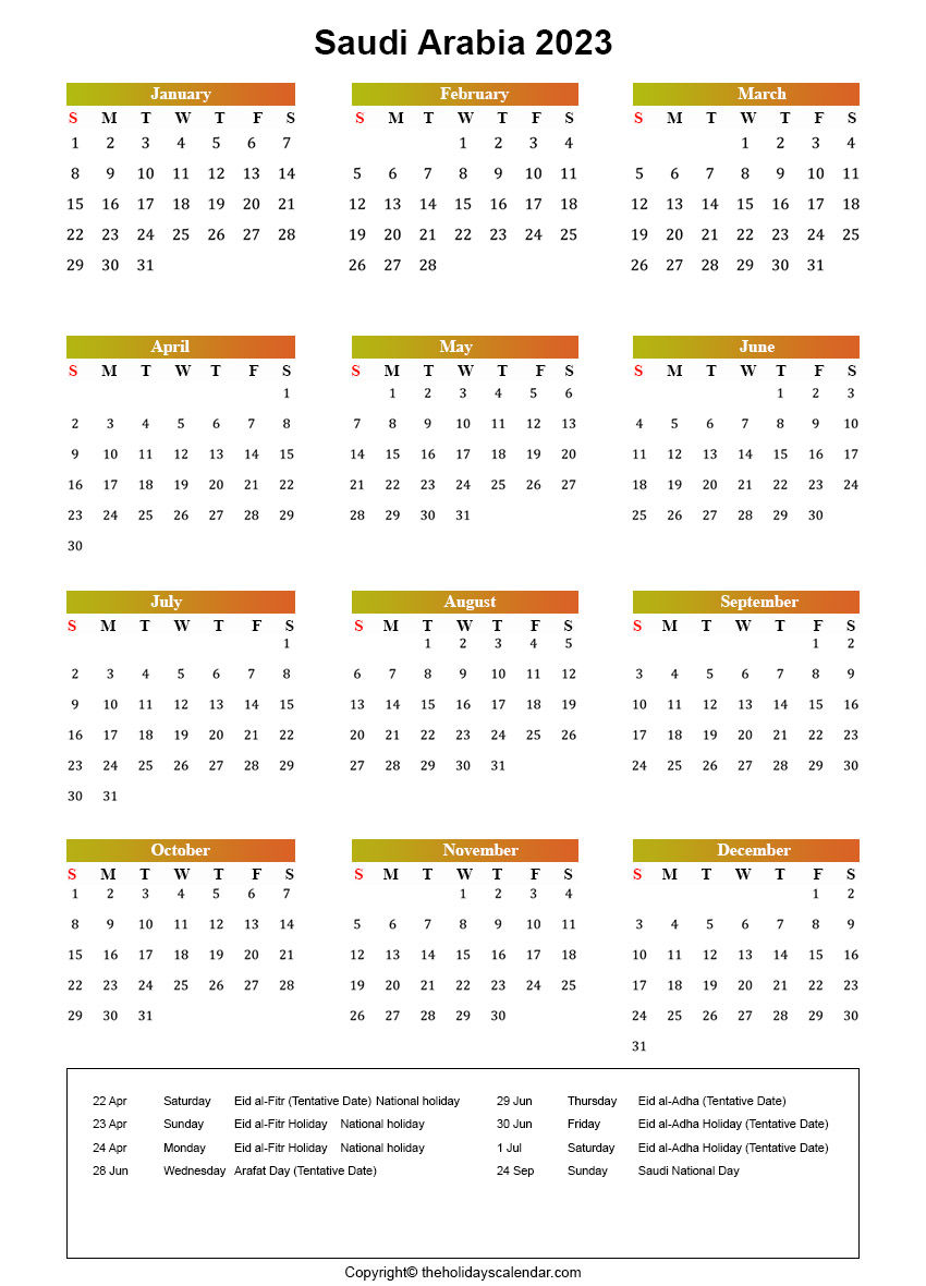 Saudi Arabia Holiday Calendar 2023