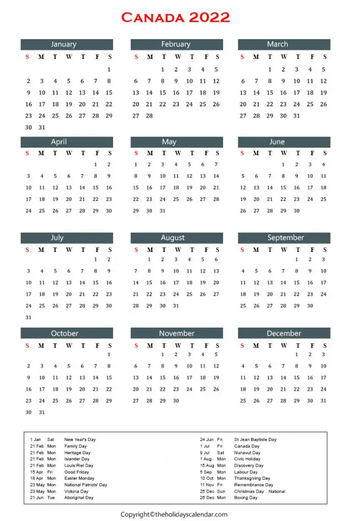 Canada Holidays 2022 | Canada Calendar 2022 with Public Holidays