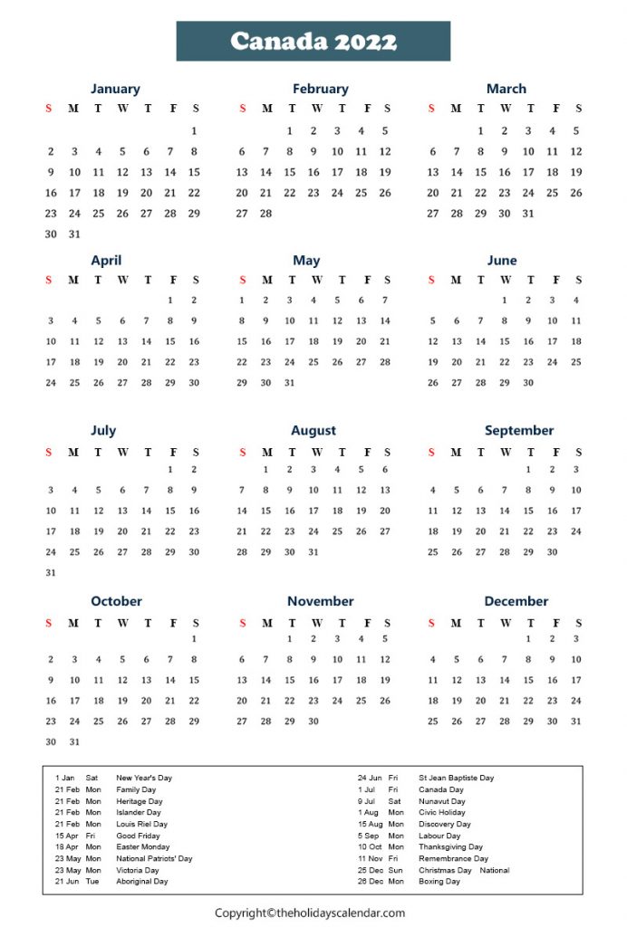 Printable Calendar 2022 Canada
