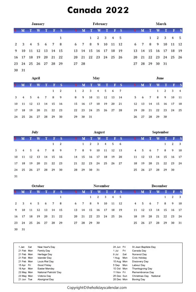 Canada Holidays 2022 | Canada Calendar 2022 with Public Holidays