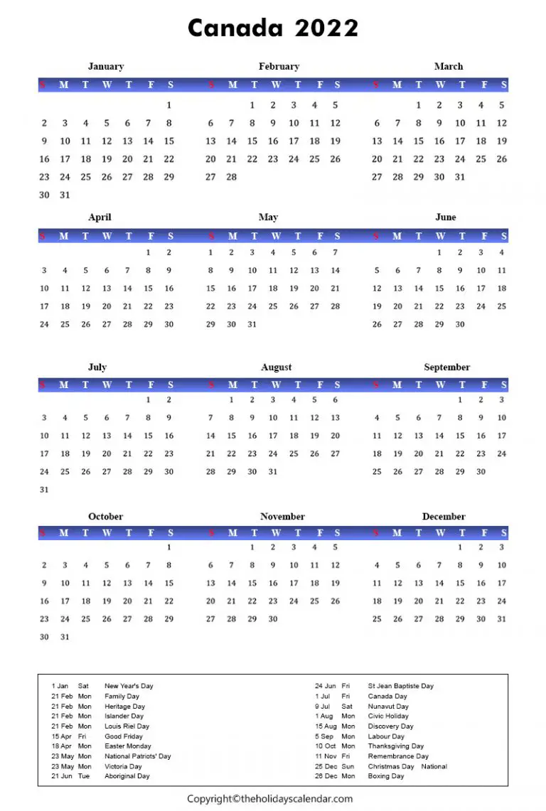 Canada Holidays 2022 Canada Calendar 2022 with Public Holidays