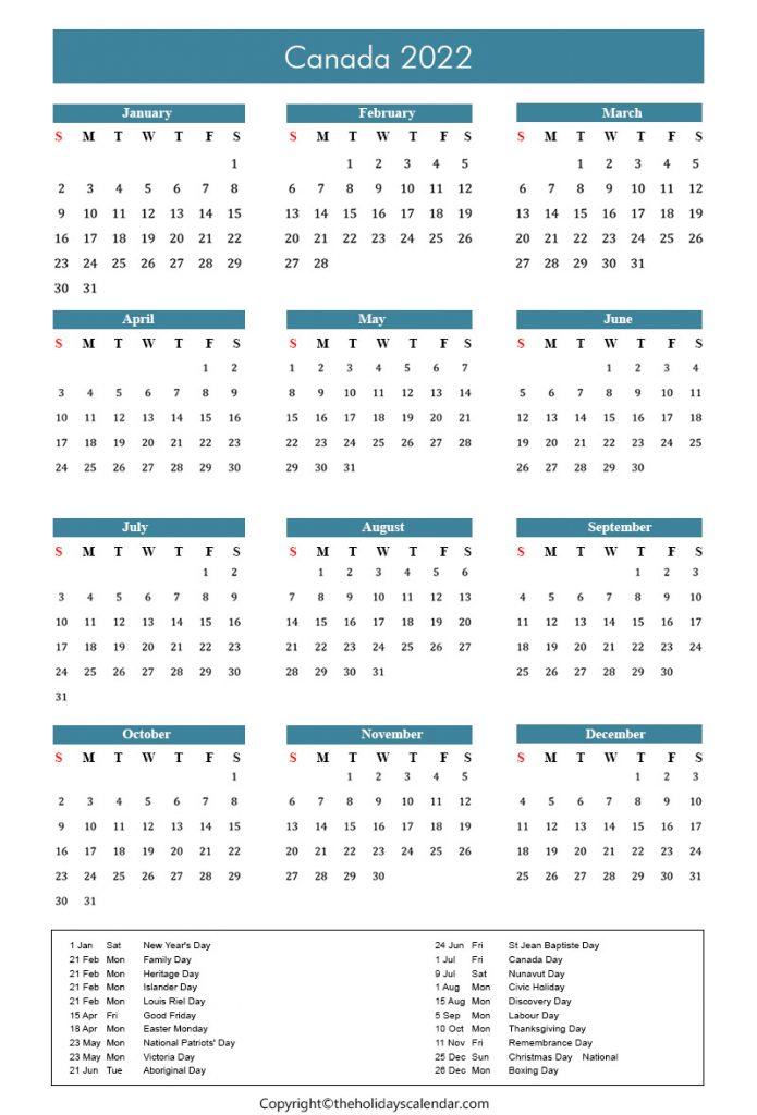 Canada Calendar 2022 with Holidays