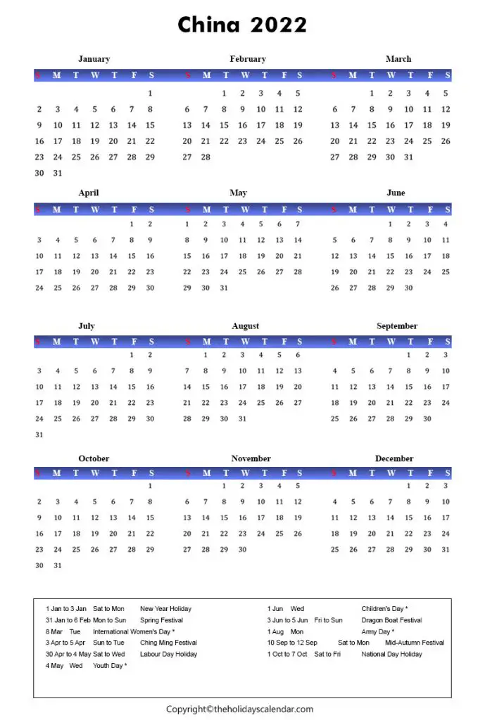 China Holiday Calendar 2022